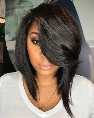 14 Inch Wig Side Part Bob Wig With Bangs Bob Lace Front Wigs For Black Women Side Swept Bangs